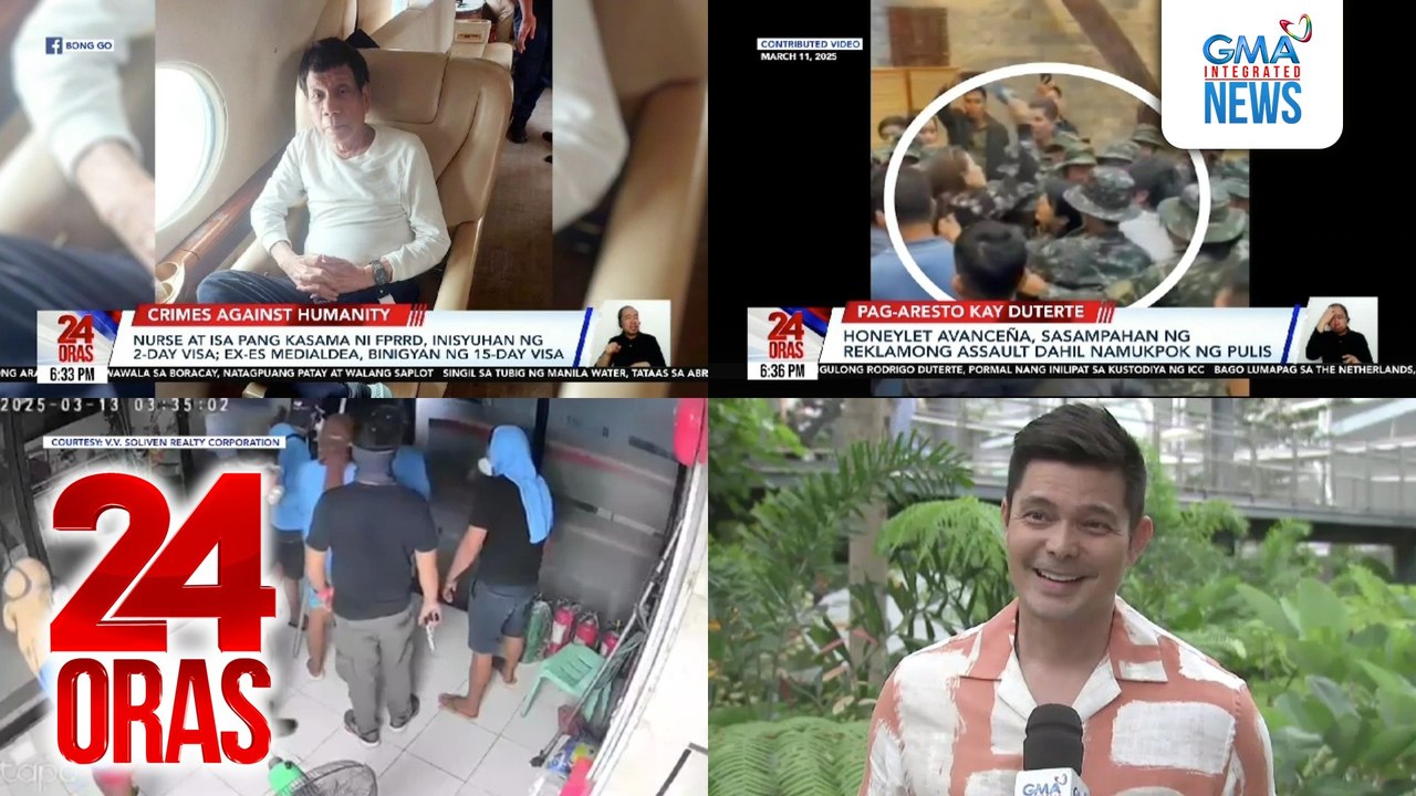 24 Oras: (Part 1) FPRRD, pina-medical checkup sa Rotterdam Airport; nasa kustodiya na siya ng ICC sa The Hague; Honeylet Avanceña, sasampahan ng reklamong assault dahil namukpok ng pulis; pwersahang pagpasok sa isang gusali, nauwi sa tensyon at..., atbp.