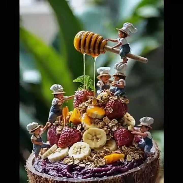 "@Tiny Humans, Giant Cakes! 🍰 | AI-Generated Fantasy of Mini People Decorating Fruit Cake"