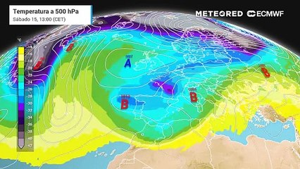 Mapa de presión en superficie y temperatura a unos 5500 metros mostrando la llegada de la borrasca Laurence.
