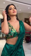 Sunny Leone's Charming Style in Green Saree and Deep Neck Blouse