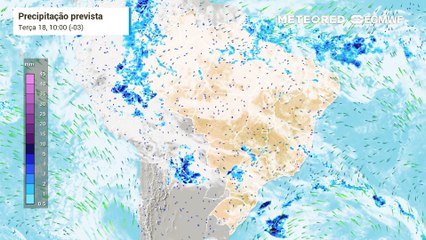 Precipitação e nebulosidade prevista para o Brasil entre os dias 18 e 20 de março.