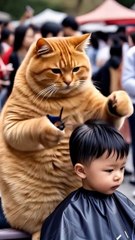 Ai animated cute big Cat and boy hair cut-