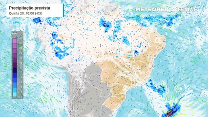 Precipitação e nebulosidade prevista para o Brasil entre os dias 20 e 22 de março.