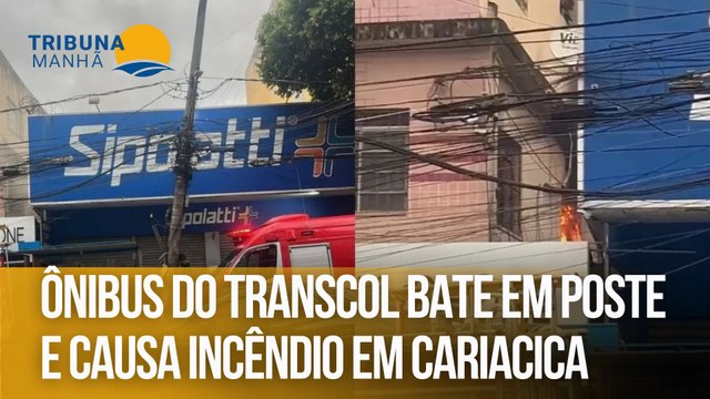 Ônibus do Transcol bate em poste e causa incêndio em Cariacica