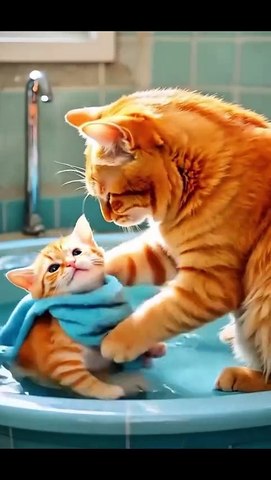 Master cat take care of her kitten