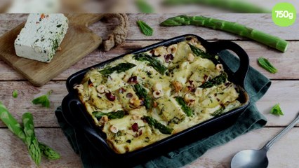 Lasagnes au tofu épinard noisette, asperges vertes et crème de soja