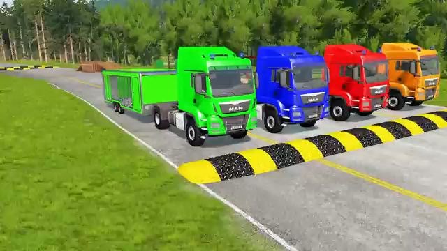 Quadruple Trucks Transporting cars with Flatbed Trailers | Cars vs Speedbump vs Train vs Pothole #51