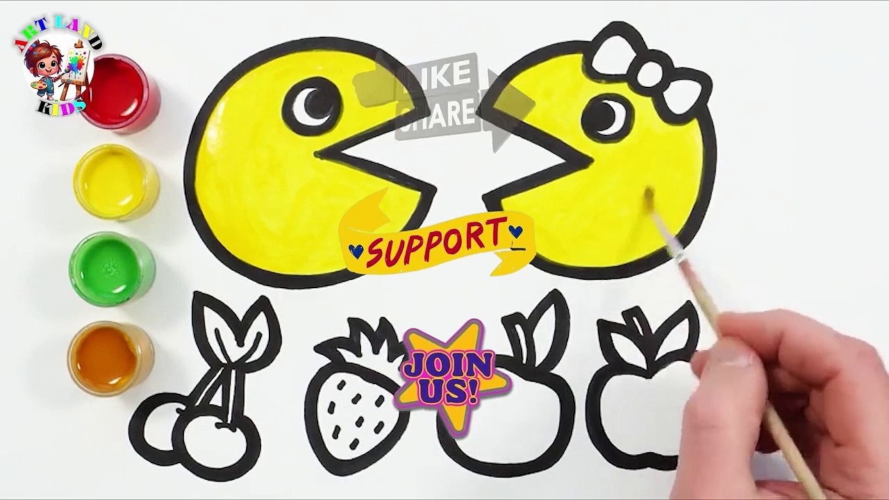 🟡 Cute Pac-Man & Ms. Pac-Man Drawing with Fruits! 🍒🍎🍓✨
