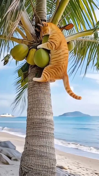 Big cat playing games with coconut tree and make a dish