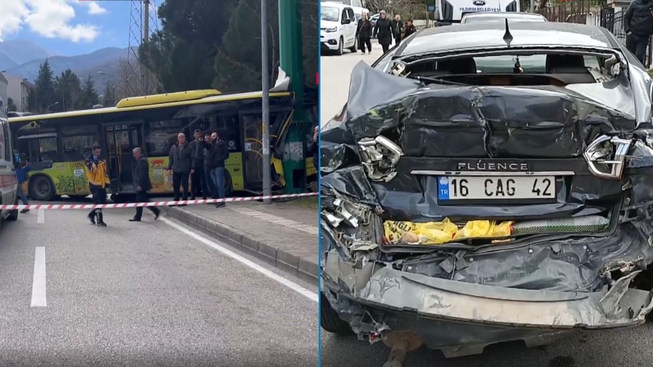Belediye otobüsü, otomobil ve baz istasyonu direğine çarptı; 9 yaralı