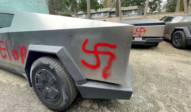 Cybertrucks graffitied with swastikas amid anti-Elon Musk protests