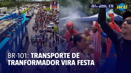 Transporte de transformador para parque eólico vira festa na BR-101