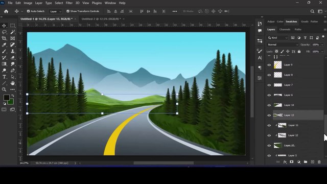 photoshop drawing: Route dans un paysage forestier avec montagne