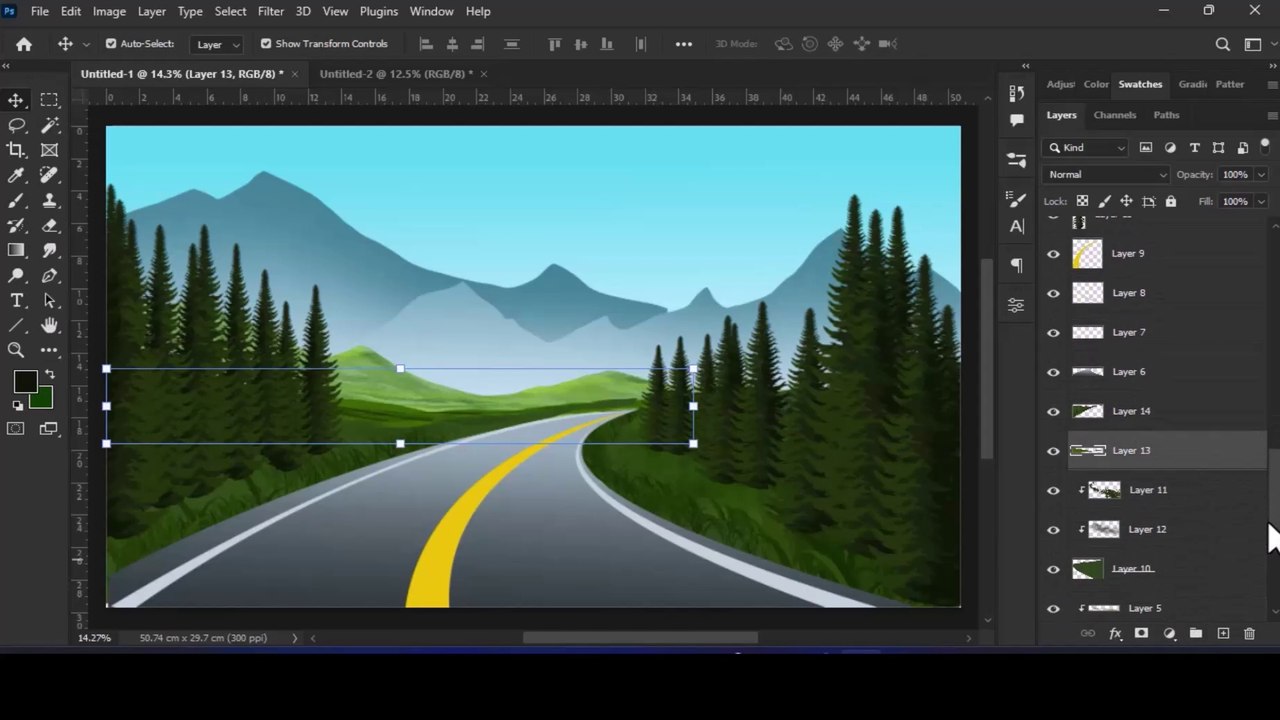photoshop drawing: Route dans un paysage forestier avec montagne