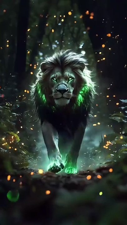 Majestic Lion Walking in Jungle with Fireflies | Enchanting Green Light 4K Live Wallpaper"