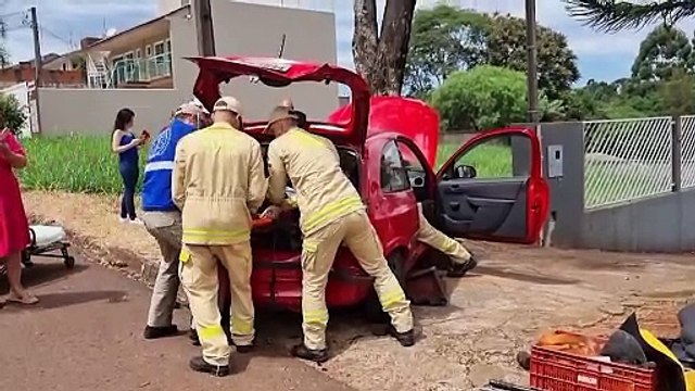 Mulher é retirada pelo porta-malas ao ter carro atingido e colidir contra árvore na Rua Fortunato Bebber