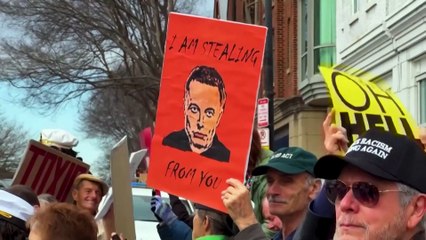 Anti-Musk protesters dance outside Washington DC Tesla showroom