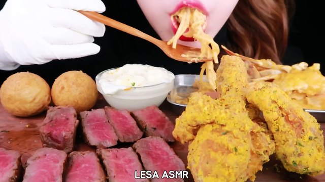 ASMR FIRED CHICKEN, CHEESE BALL, STEAK, ROSE PASTA EATING SOUNDS MUKBANG 뿌링클 치킨, 치즈볼, 스테이크 먹방 咀嚼音