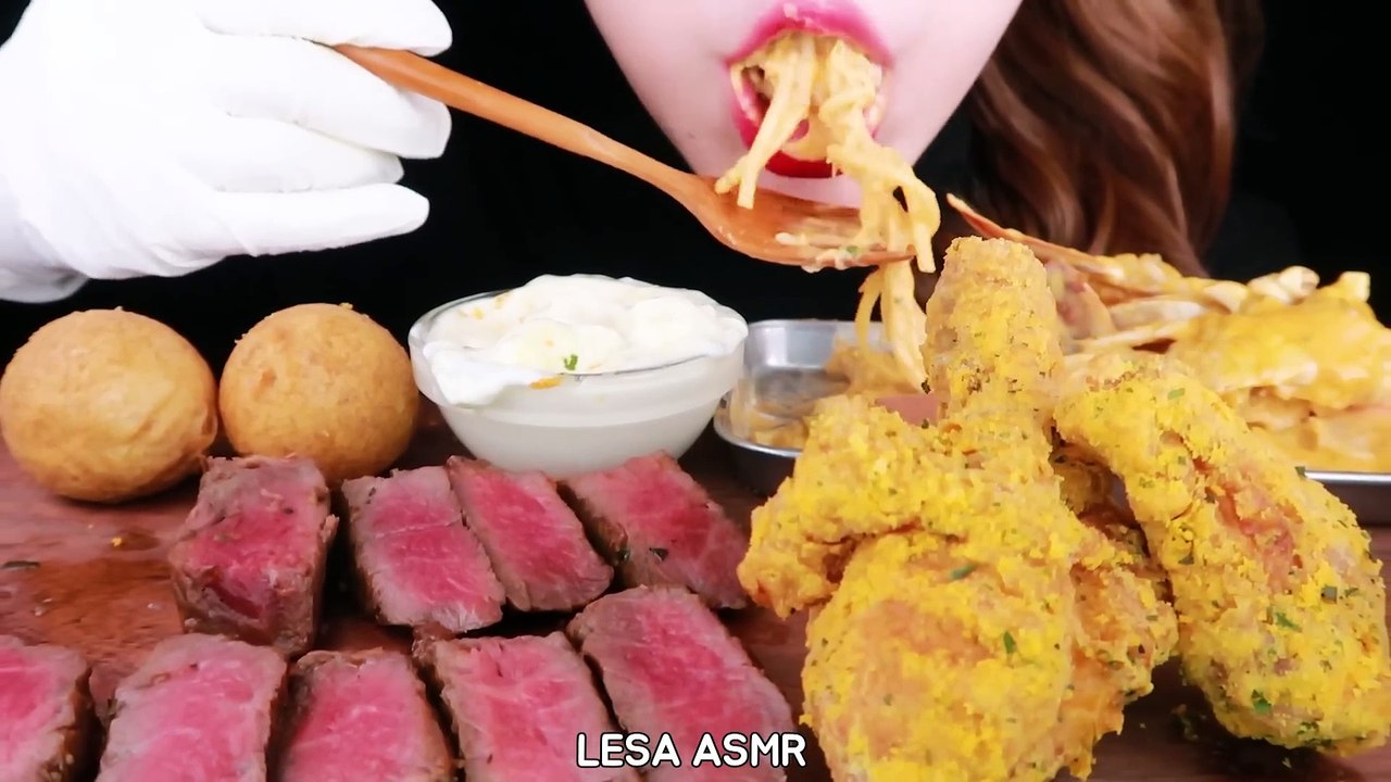 ASMR FIRED CHICKEN, CHEESE BALL, STEAK, ROSE PASTA EATING SOUNDS MUKBANG 뿌링클 치킨, 치즈볼, 스테이크 먹방 咀嚼音