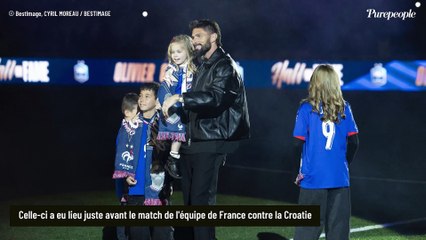 Olivier Giroud avec sa femme Jennifer et ses enfants Aria, Aaron, Evan et Jade au Stade de France, pour une soirée à suspense