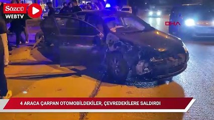 Park halindeki 4 araca çarpan otomobildekiler, çevredekilere saldırdı