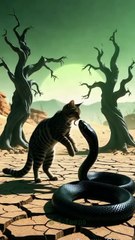 Black cobra and cat face off, black cobra runs away showing its tail