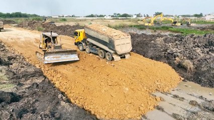 Amazing project KOMATSU D53P pushes the missing soil under the foundation with a 25.5 heavy truck