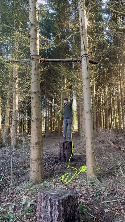 Un homme se balance d'arbre en arbre avec un nœud lancé