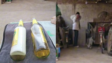 Woman uses slingshot to land stones perfectly inside two bottles from 10m away