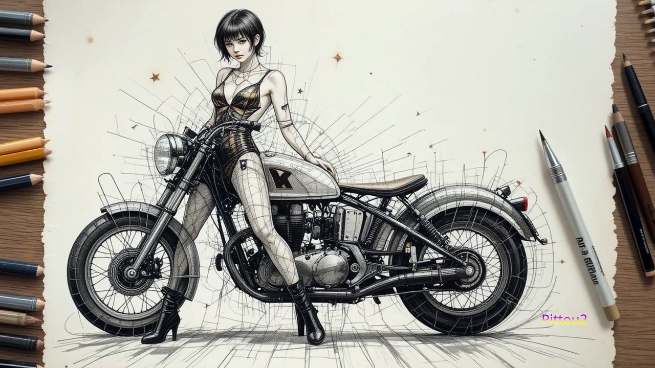 Dessin 01 Femme & Véhicule - Crayon Fusain