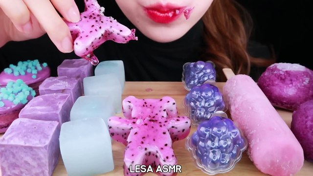 ASMR PURPLE FOOD CUBE ICE, BEAR DRAGON FRUIT TANGHULU, STAR CANDY EATING SOUNDS MUKBANG 먹방 咀嚼音