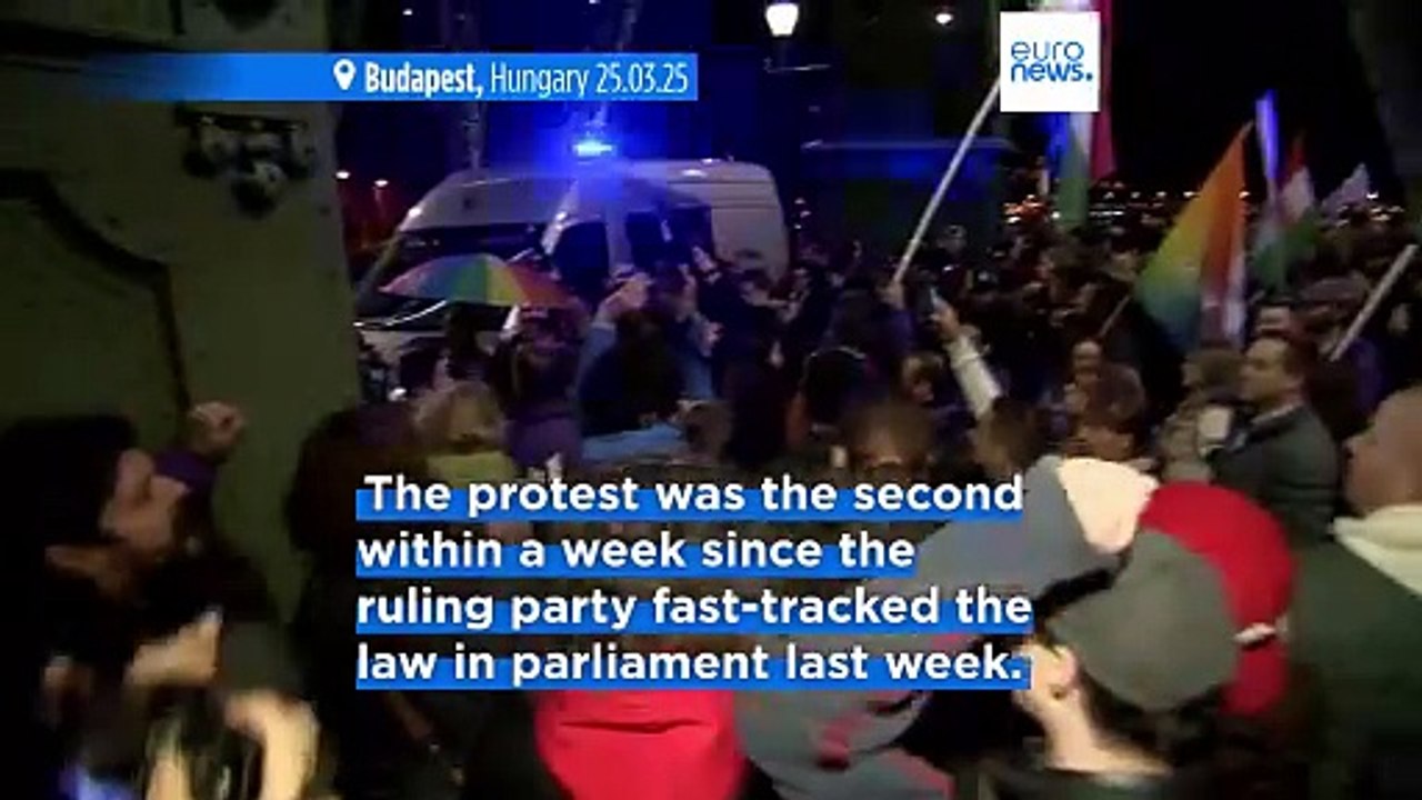 Demonstrators block traffic in Budapest in opposition to new law banning LGBTQ+ Pride events