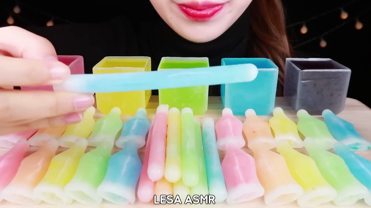 ASMR FROZEN WAX CANDY RAINBOW FOOD, WAX CUPS, WAX BOTTLES, WAX STICK EATING SOUNDS MUKBANG 먹방 咀嚼音