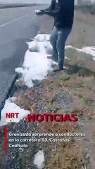 Fuertes precipitaciones acompañadas de granizo cayeron en la carretera 53, en el municipio de Castaños, Coahuila, afectando la visibilidad y el tránsito vehicular.