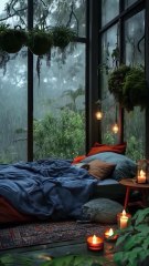 Rainy Day Bedroom Retreat with Warm Lighting.