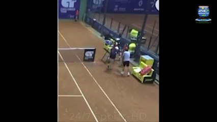 Shocking moment tennis star appears to SHOVE chair umpire during heated confrontation over 'bad call'