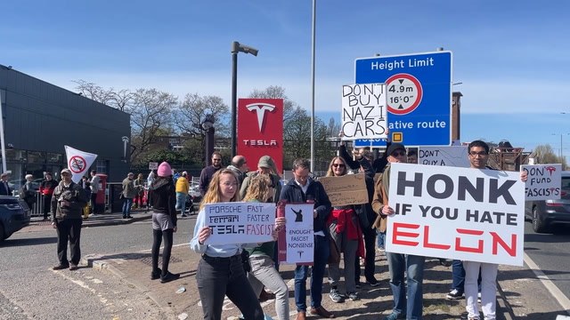 Demonstrators rally outside London Tesla dealership in global anti-Musk action