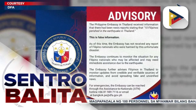 Mga Pilipino sa Thailand, nananatiling ligtas matapos ang magnitude 7.7 na lindol ayon sa Phl Embassy