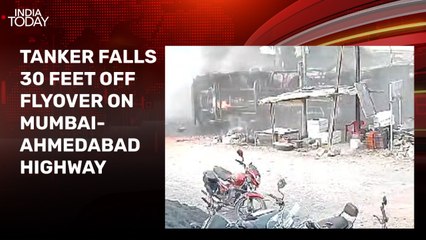 Video: Tanker falls 30 feet off flyover on Mumbai-Ahmedabad highway, driver injured