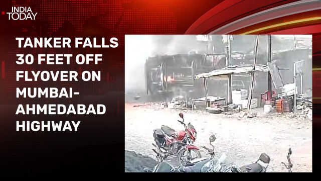 Video: Tanker falls 30 feet off flyover on Mumbai-Ahmedabad highway, driver injured