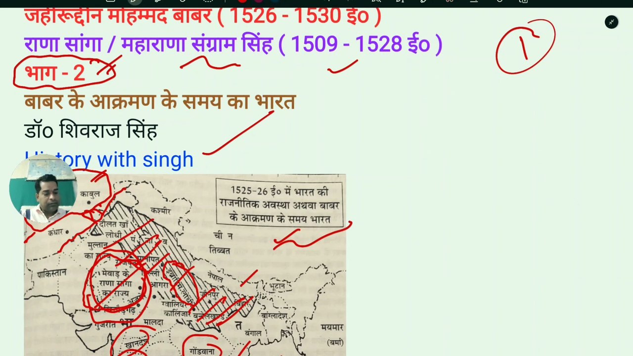 Zahiruddin Mohammad Babar (1526 - 1530 AD)  Rana Sanga / Maharana Sangram Singh (1509 - 1528 AD) Part - 2 India at the time of Babar's इन्वाशन Dr. Shivraj Singh History with Singh