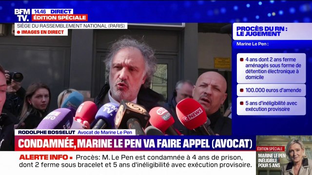 Marine Le Pen condamnée à 5 ans d’inéligibilité: Il n'existe pas de recours contre l'exécution provisoire , déplore Me Rodolphe Bosselut, l'avocat de la présidente du groupe RN à l'Assemblée