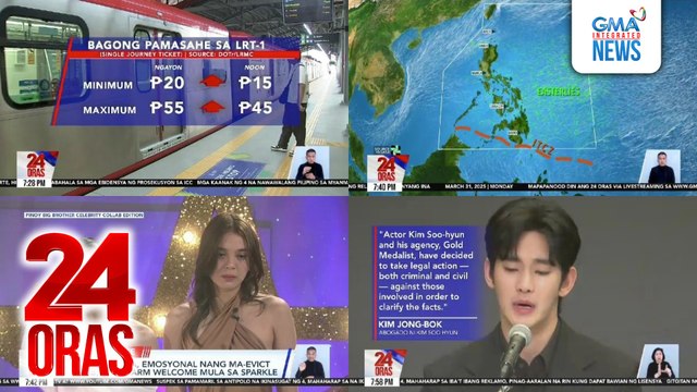 24 Oras: (Part 3) P5 - P10 na dagdag-pasahe sa LRT-1, tuloy ang pagpapatupad sa April 2; Ashley Ortega, ramdam ang growth sa Bahay ni Kuya; masaya sa pag-aayos nila ng kanyang ina; Kim Soo Hyun, iginiit na 'di niya dinate ang yumaong si..., atbp.