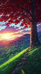 Serene Sunrise on a Hill | Boy Under a Majestic Tree Live Wallpaper