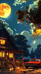 Mysterious Night View | Car, Wooden House & Yellow Moon Live Wallpaper