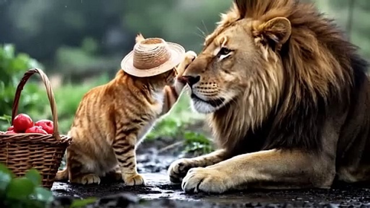 The little cat saved the injured lion and prepared delicious food to entertain the lion.