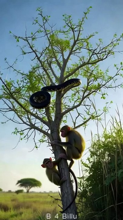 d Two monkeys and a black cobra, let's see who wins, it's a competition.