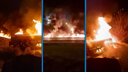 Şarampole devrilen akaryakıt yüklü tanker alev topuna döndü