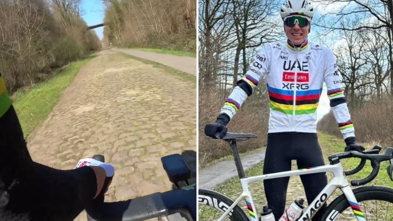 Cyclisme - Paris-Roubaix 2025 - Tadej Pogacar sur la Trouée d'Arenberg en reconnaissance de l'Enfer du Nord