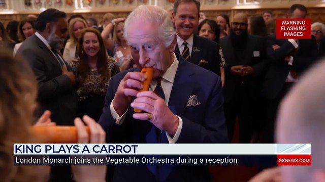 Watch the moment King Charles plays recorder made from carrot at London reception